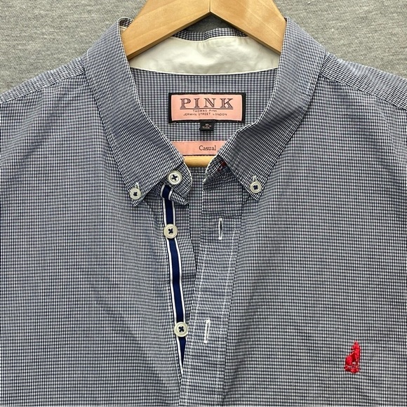 THOMAS Pink Men’s Blue White Plaid Shirt Size XL Short Sleeve Embroidered - Picture 2 of 9